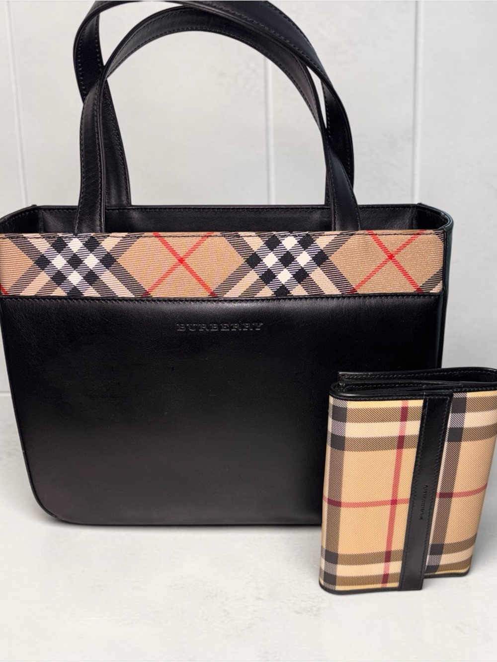 Burberry Black Leather Tote with Classic Nova Check Accent + Matching Wallet